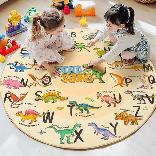 Kids Rugs for Playroom, 4'x4' Round Educational Rug for Learn The ABC Alphabet, Soft Machine Washable Non-Slip Cute Dinosaur Carpet for Classroom Toddler Nursery Kids Room Decor Mat, Beige