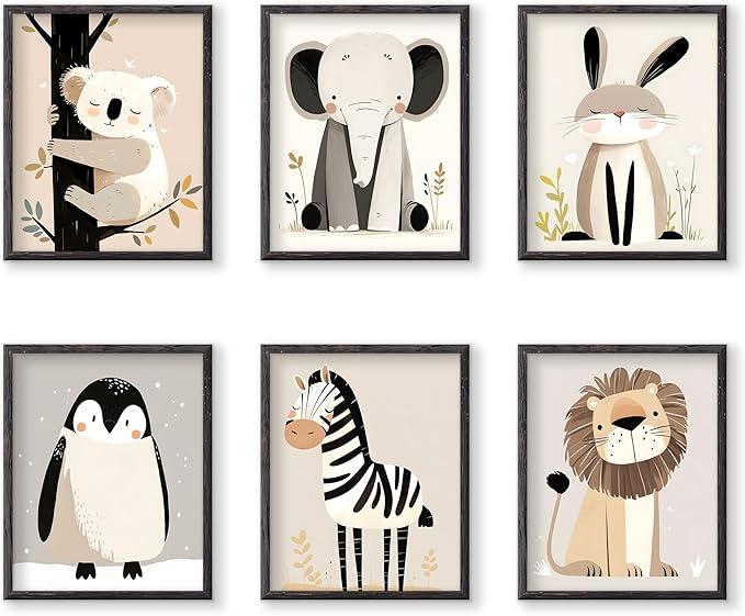 RoyoLam Cartoon Animal Canvas Wall Art Prints - Set of 6 Unframed 8x10 Inches, Scandinavian Style Illustrations Nursery Decor for Kids Room and Playroom