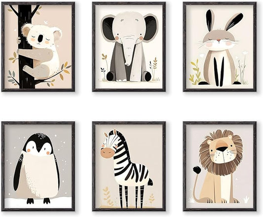 RoyoLam Cartoon Animal Canvas Wall Art Prints - Set of 6 Unframed 8x10 Inches, Scandinavian Style Illustrations Nursery Decor for Kids Room and Playroom