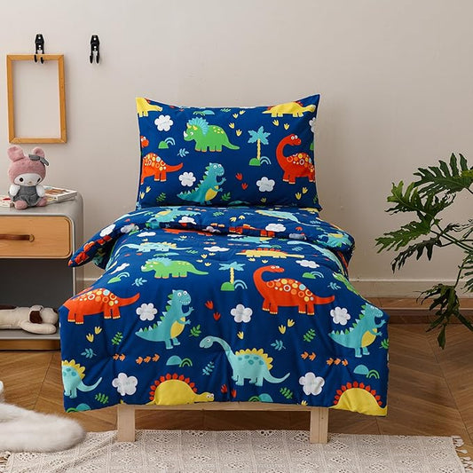 KAREVER Cartoon Toddler Bedding Set Dinosaur Print 4 Pieces Crib Bed Set Kids Animal Print Comforter Set