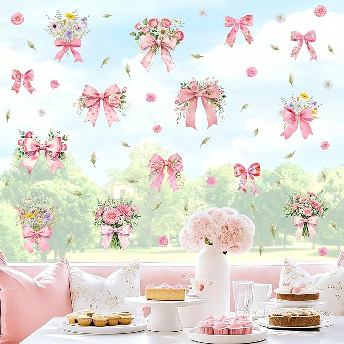 Bow Floral Window Cling Pink Bowknot Bouquet Window Stickers Watercolor Floral Flower Window Wall Decals Peel and Stick Coquette Ribbon Bow Wall Stickers for Girls Room Bedroom Nursery Decor