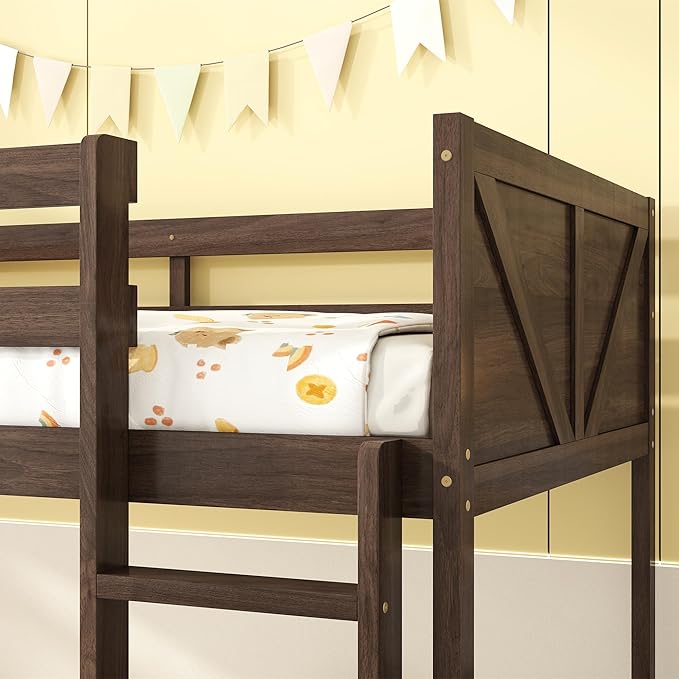 Bunk Bed Twin Over Twin, Wood Low Profile Floor Twin Bunk Beds with Headboard Ladder Guardrails for Kids Boys and Girls, No Box Spring Needed