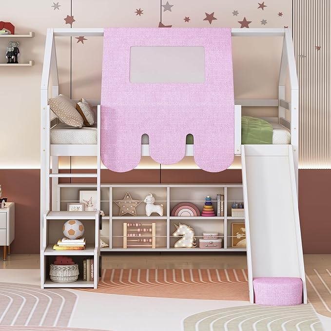 Playhouse Design Twin Size Wood Loft Bed with Slide and Tent, Low Loft House Bed Frame with Storage Shelves and Removable Car-Shaped Staircase for Kids Teens Boys Girls Bedroom (White-Pink)