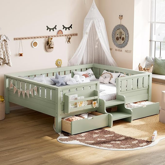 Bellemave Full Size Bed with Slats and Stairs, Full Size Platform Bed Frame with Fence, Bookshelf and Storage Drawers, Easy Assemble Beds for Kids, Girls, Boys, Green