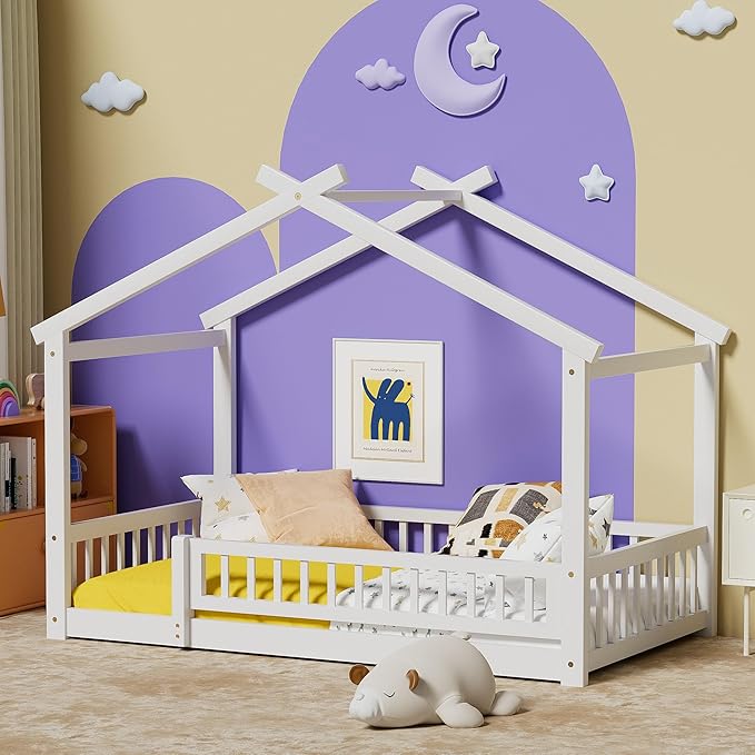 LLS Twin House Bed with Fence, Wooden Montessori Bed with Slats Support, Floor Bed Frame for Boys Girls Bedroom, White