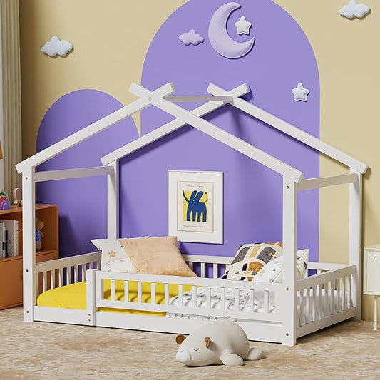 LLS Twin House Bed with Fence, Wooden Montessori Bed with Slats Support, Floor Bed Frame for Boys Girls Bedroom, White