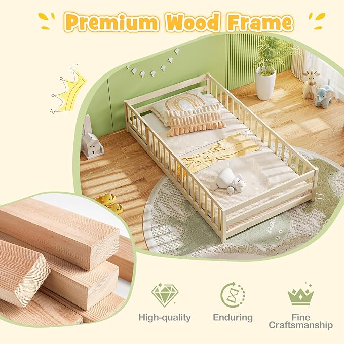KOMFOTT Twin Size Wood Floor Bed with Door & Fence, Montessori Bed Frame with Full Length Safety Guardrails, Door & Latch, Wooden Montessori Floor Bed for Kids, Girls, Boys (Natural, Twin)