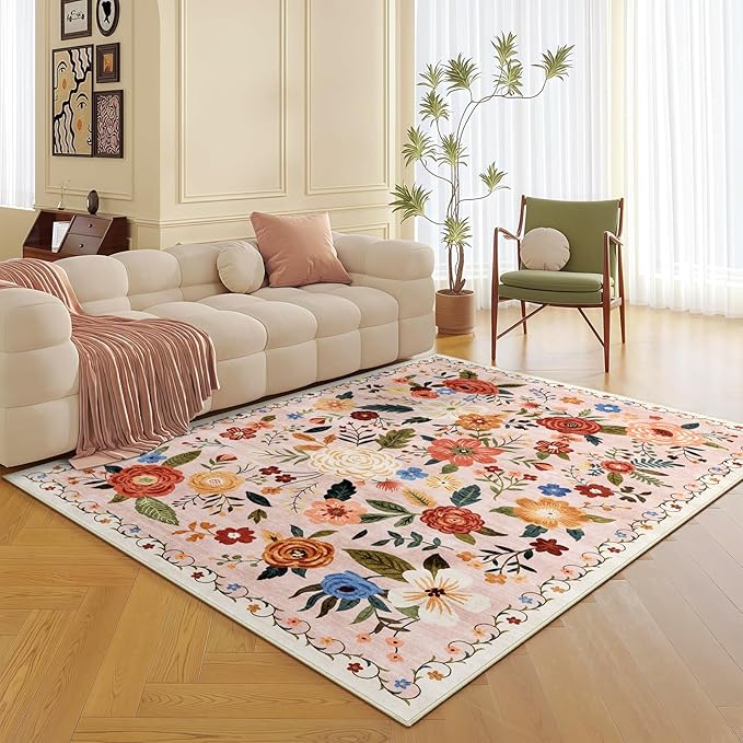 5x7 Washable Area Rug for Living Room, Floral Non-Slip Non-Shedding & Easy Care, Soft Low Pile Boho Indoor Floor Carpet for Living Room, Bedroom, Farmhouse, Dining Room, Kids Playroom, Beige