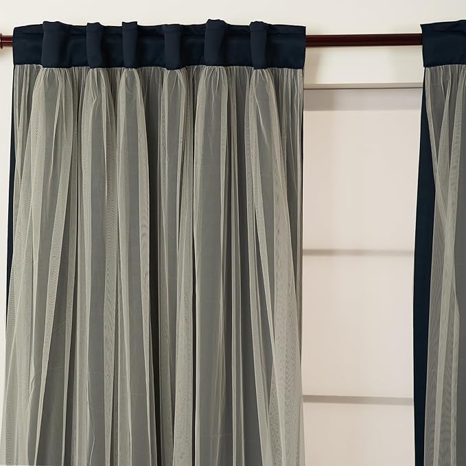 INLINAS Navy Blue Blackout Curtains with Sheer Overlay - Back Tab and Rod Pocket Thermal and Noise Reduction Panels for Bedroom and Living Room Light Blocking and Energy Saving, 52 x 63 Inch, Set of 2
