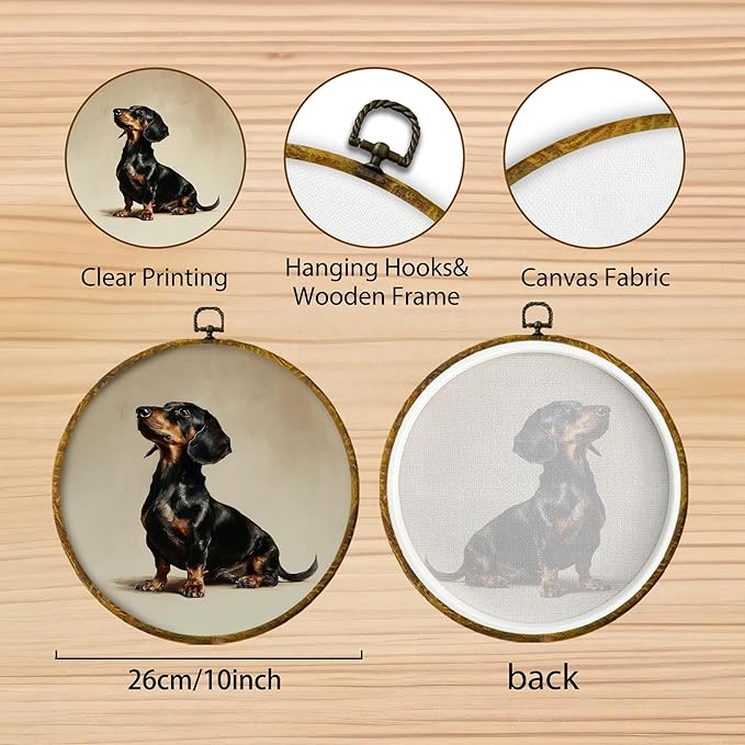 Hiuwevt Vintage Dachshund Round Wall Art Decor, Dachshund Lovers Gifts Framed Canvas Prints, Wiener Dog Gifts Round Wall Hanging Decor for Bedroom Home Living Room Decorations, 10x10 Inches