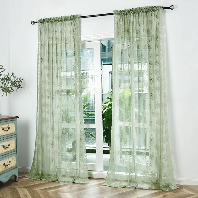 Kotile Sage Green Sheer Curtains 80 Inches Long for Living Room, 2 Panels Country Rustic Floral Vintage Green Sheer Lace Curtains, Rod Pocket Privacy Spring Sheer Window Curtain Drapes, 52 x 80 Inch