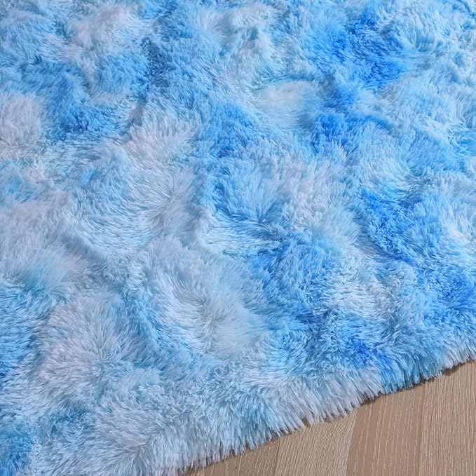 DweIke Fluffy Blue Shag Rugs for Bedroom Living Room, 4x6 Feet Soft Plush Tie-Dyed Light SkyBlue Girls Boys Kids Rug, Upgraded Non-Slip and Machine Washable Carpet for Dorm Nursery Classroom Decor