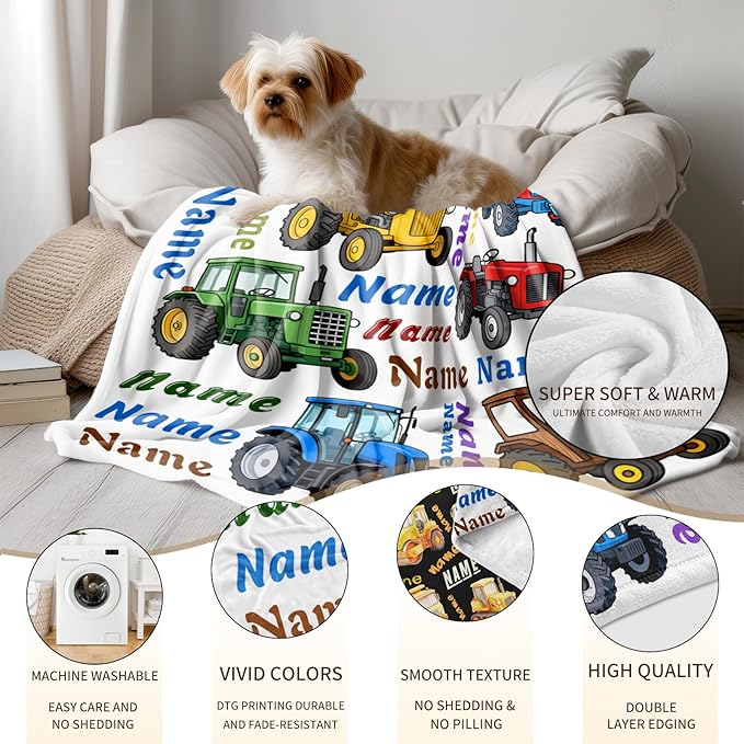 Ship Next Day, Personalized Truck Blanket - Printed in USA, Custom Name Blankets for Kids with Engineering Vehicle, Home Bedding Bed Decor, Fun Birthday Gift for Boys&Girls Women Man