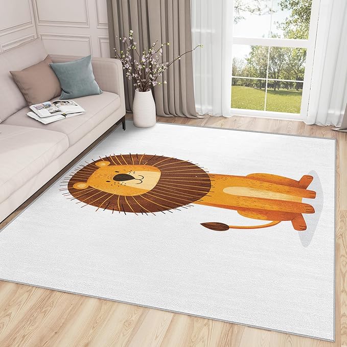 Kids Lion Area Rug - 3x4 - Cute Cartoon Lion - Baby Nursery - Kawaii Safari Animal Carpet - Home Decor