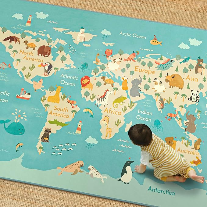 4x6 World Map Kids Rug with Animals – Educational Washable Play Mat for Toddlers, Cute Global Animal, Featuring Continents & Native Wildlife Carpet for Bedroom or Classroom - Blue