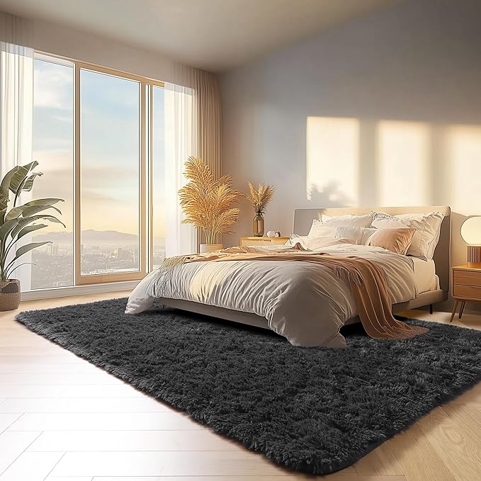 ONASAR Black Area Rugs 9x12 Living Room, Large Fluffy Shag Bedroom Rug, Washable Soft Plush Thick Shaggy Big Floor Carpet for Kids Boy and Girls Teen Dorm Nursery Indoor Home Decor Aesthetic