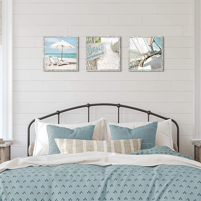 Coastal Framed Wooden Wall Art: Ocean Pictures Sailboat Art Prints Beach Artwork Collection Set of 3 Seascape Decorations for Home
