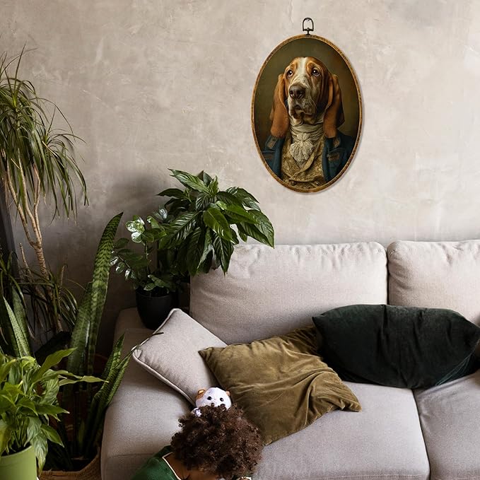 Hiuwevt Vintage Basset Hound Oval Wall Art Decor, Basset Hound Gifts for Women Framed Canvas Prints, Renaissance Style Dog Oval Wall Hanging Decor for Bedroom Living Room Decorations, 8.6x11.4 Inches
