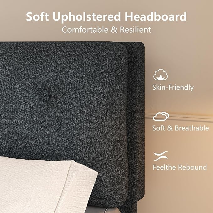 Queen Bed Frame with Headboard, Cloud Boucle Upholstered Bed Frame, Modern Soft Style, Adjustable Headboard, No Box Spring Needed, Easy Assembly, Dark Grey
