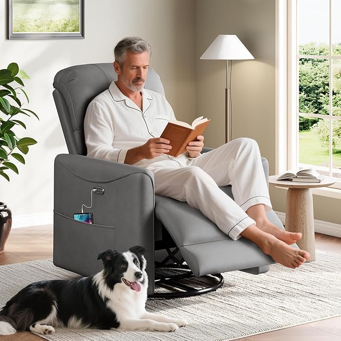 Power Swivel Rocker Recliner, 360° Swivel Nursery Rocking Chair, PU Leather Glider Rocking Recliner, Infinite Position Electric Chair for Adults with USB Port for Living Room, Dark Gray