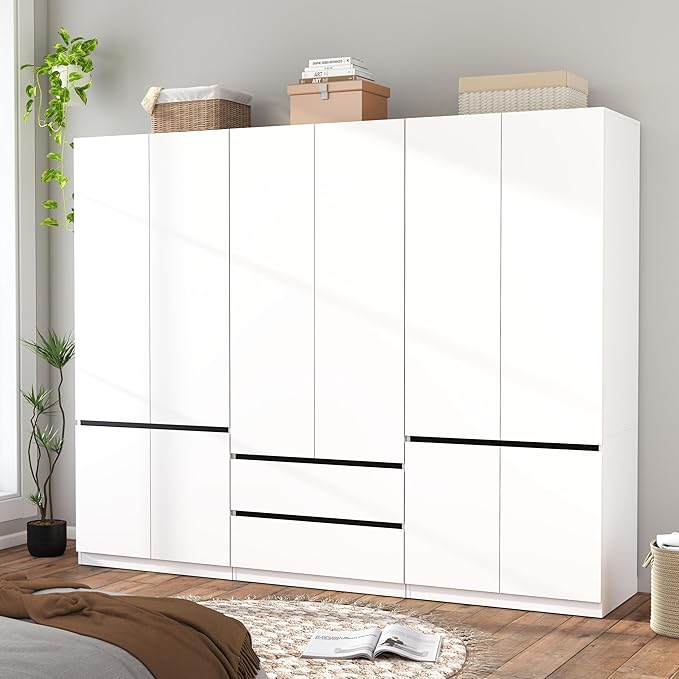 Armoire Wardrobe Closet with Drawers：75" Large White Wardrobe Closet Cabinet with 6 Doors for Hanging Clothes, Modern Wooden Bedroom Armoires with 2 Drawers and Storage(C+A+C, 94.5")