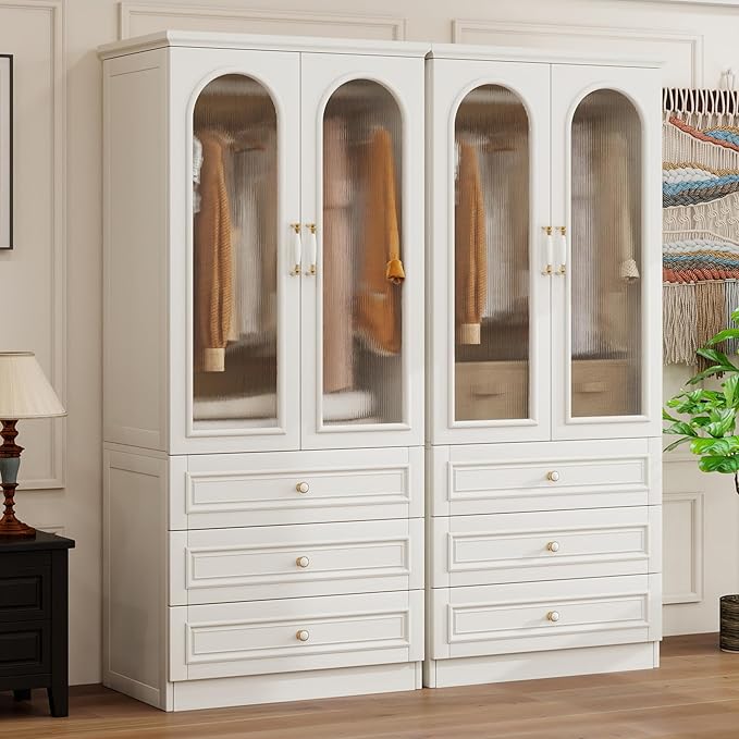 Solid Wood Wardrobe Closet:TemkTuek 70.87" Large Armoire,Clothing Storage Cabinet with Drawers,Doors,Hanging Railsand Shelves,Vintage Freestanding,Bedroom,White(19-19)