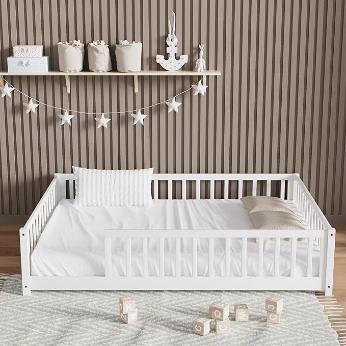 LLS Full Floor Bed for Kids Toddlers, Solid Wood Multifunctional Montessori Bed Frame with Safety Guardrails, Without Door, Easy Assemble, White