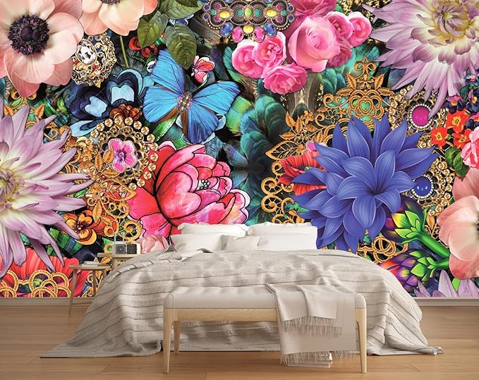 3D Floral Wallpaper Vivid Multicolor Wall Mural for Living Room Bedroom TV Background (Not Peel n' Stick)