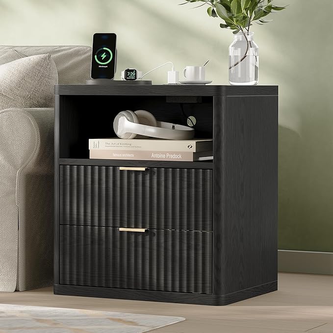 Fluted Nightstand Set of 2 with Charging Station, 21.7" Wide Modern Night Stand with 2 Drawers Open Storage Cabinet, Wooden Bedside End Table for Bedroom,Black