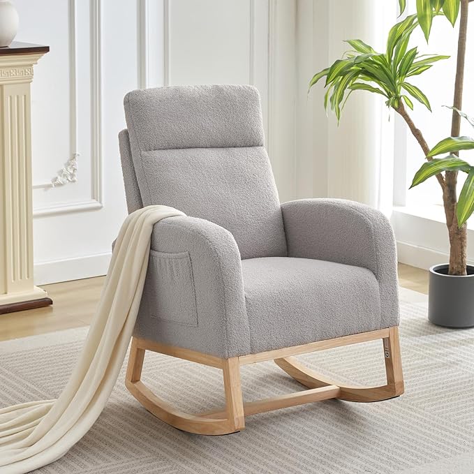 Rocking Chair Nursery, Modern Upholstered Glider Rocker with Side Pocket, Upholstered Lounge Chair with Solid Wood Base for Relaxin, for Living Room, Bedroom