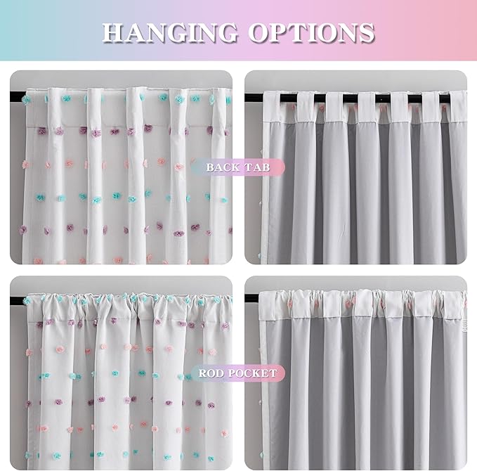 MYSKY HOME 100% Blackout Curtains for Bedroom Total Light Blocking Curtains 90 Inch Long Room Darkening 2 Panels Back Tab Double Layer Privacy Window Drapes with Rainbow Pom Pom Sheer 52" x 90"