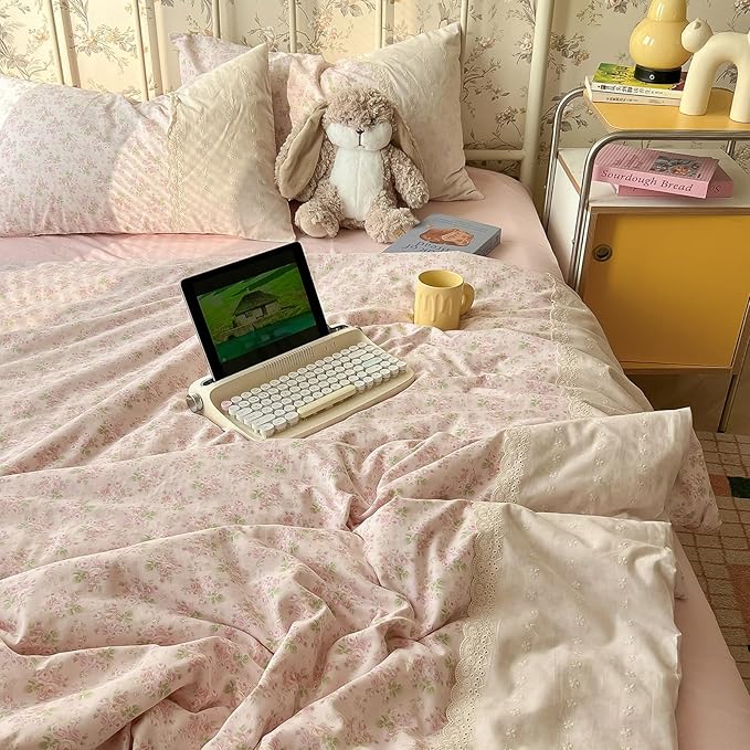 LifeTB Pink Floral Duvet Cover Twin Romantic Lace Bedding Set Garden Style Cottagecore Flower Duvet Cover with Zipper Closure Soft Washed Microfiber Botanical Comforter Cover for Teen Girls