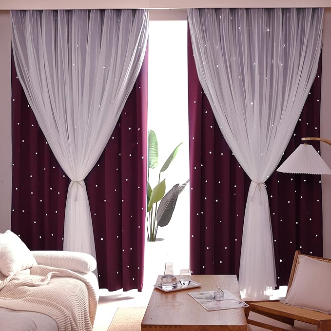 Kinryb Kids Blackout Curtains for Bedroom/Living Room/Classroom, Sheer Overlay 2 Free Tiebacks, Double Layer Curtains with Star Cutout for Kids Room(Each Piece W 70 x L 84 Inches 2 Pcs Red)
