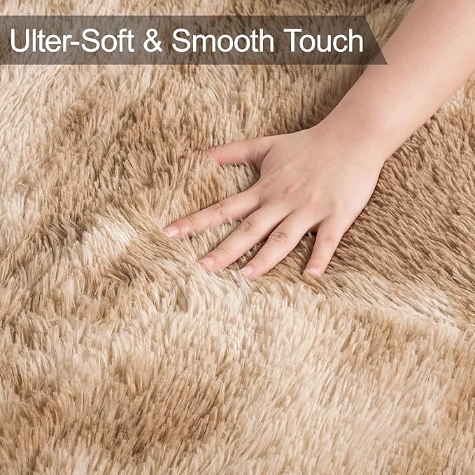 2x8 ft Plush High Pile Khaki Tie Dyed Rug Fluffy Soft Runner Bedside Rug for Bedroom Living Room Hallway Nursery Kids Home Decor Shag Carpet