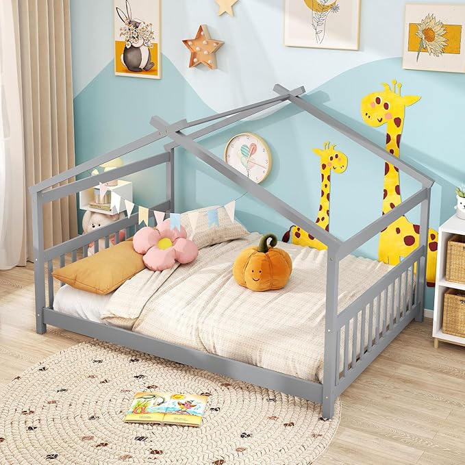 Giantex Full Size Floor Bed, Solid Wood Montessori House Bed with Roof, Headboard and Footboard, Low Full Bed Frame for Kids Teens Girls Boys, No Box Spring Needed, Grey