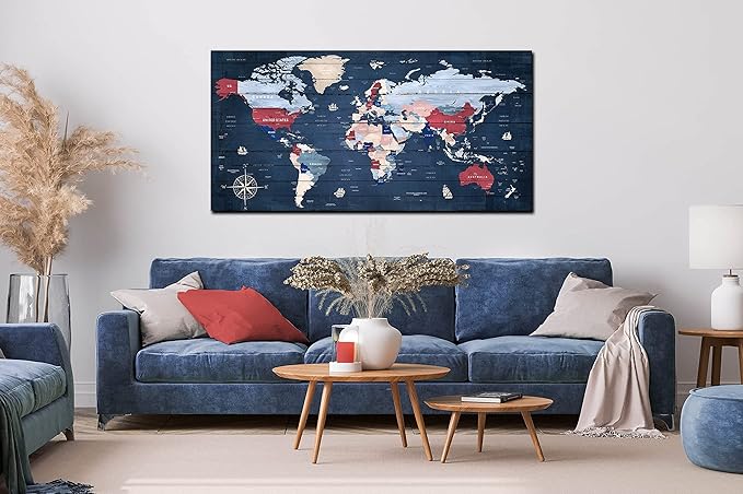 ZHAOSHOP Blue World Map Wall-Art For Office - Large World Maps For Wall - Canvas Wall Art Stretched and Framed Ready to Hang Size 40" x 20"