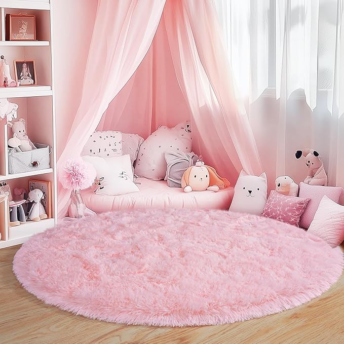 6‘x6’ Round Pink Rugs for Girls Bedroom, Ultra Soft Fluffy Circle Rug for Kids Room, Cute Shag Rugs for Living Room Playroom Tent Castle Home Decor Rug