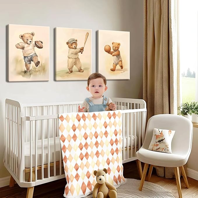 Bear Rugby Sports Nursery Canvas Wall Art Set of 3 - Cute Vintage Baby Bear Pictures Paintings Poster Prints, Nursery Animal Wall Decor for Children Bedroom Boy Room Decoration 16x24 inch Framed