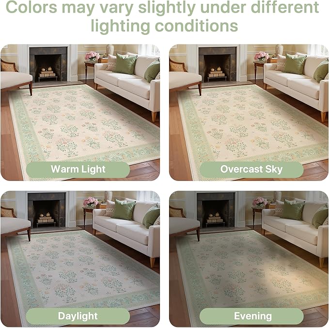 GENIMO Green 3x5 Area Rug for Bedroom, Washable Boho Vintage Floral Rug with Non-Slip Backing, Soft Carpet for Girls Room, Nursery Room and Kids Room