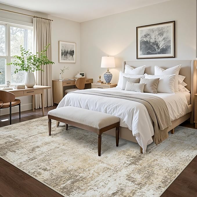 8x10 Area Rugs for Living Room Bedroom: Abstract Washable Rug with Anti-Slip Backing Non-Shedding Stain-Resistant Soft Large Carpet for Dining Room Nursery Hallway Indoor Home Office Beige Grey