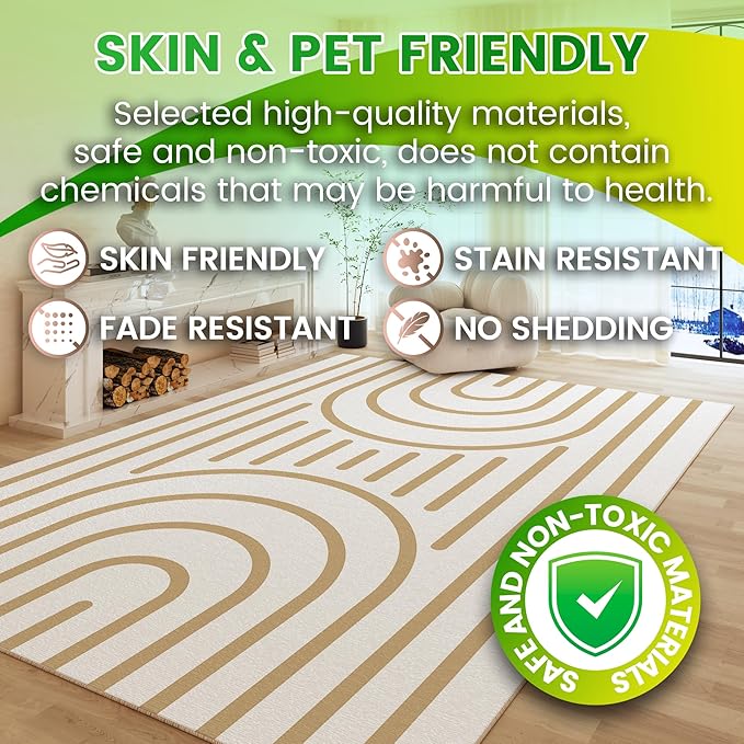Washable 5x7 Modern Area Rug for Living Room, Tan White Minimalist Artistic Abstract Large Rug, Ultra Thin Low Pile Lightweight Soft Indoor Floor Carpet with Nonslip Backing for Bedroom Kids Play Room