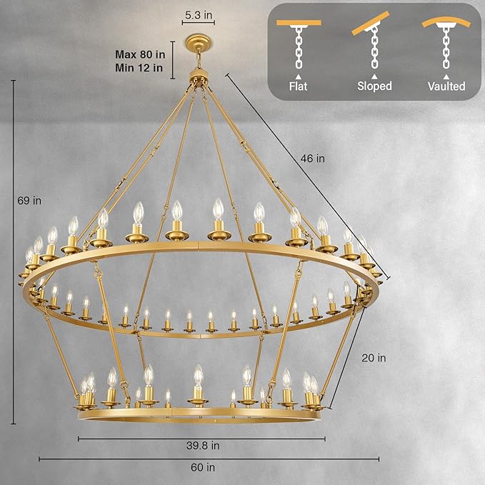 Wagon Wheel Chandelier, 2-Tier 54-Light Gold Large Modern Farmhouse Chandelier with Adjustable Height Island Light Fixture for High Ceiling Dining Room, Kitchen, Living Room, Entryways, Foyer