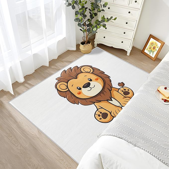 Lion Rug for Nursery - 4x6 Rug - Lion Rug - Cute Cartoon Zoo Animal Area Rug - Kids Baby Nursery Rugs - Kawaii Safari Playroom Carpet - Home Decor