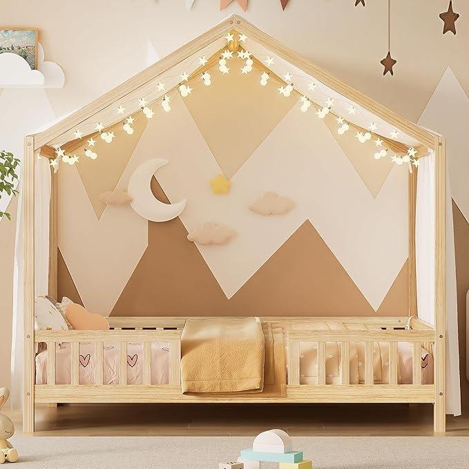 Montessori Floor Bed with Canopy, High Railings and Roof, Twin Size Wood House Bed Frame for Kids Bedroom (Natural/C2)