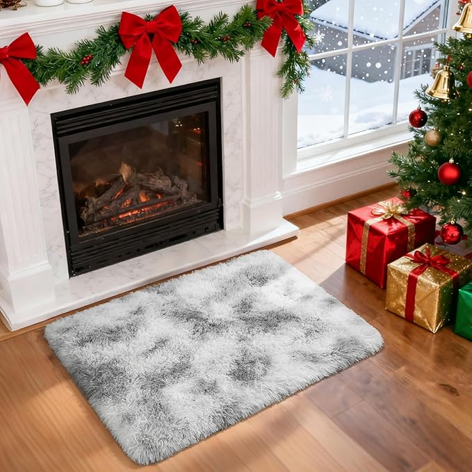 Merelax 2x3 Fluffy Small Soft Area Rugs for Livingroom, Tie-Dyed White Grey Mini Shaggy Throw Rug, Abstract Fuzzy Door Entryway Indoor Inside Front Entrance Dog Mat Accent Home Decor Aesthetic