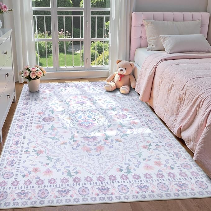 Wonnitar Floral Purple Rug for Nursery, Washable 5x7 Kids Rug, Boho Ultra-Thin Soft Non Slip Vintage Carpet for Bedroom Dorm Living Room Playroom Office, Pale Purple