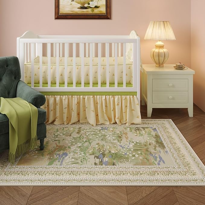 Rugcomf Area Rugs 9x12 Living Room Clearance Impressionist-Style Vintage Washable Rug Non Slip Low Pile Large Rug for Bedroom Farmhouse Dining Room Kids Playroom, Beige