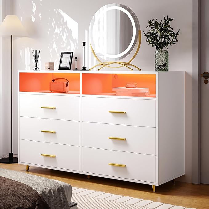 EnHomee White Dresser with LED Lights, 6 Drawers & 2 Open Shelves Top Dresser for Bedroom, Wood Chests of Drawers