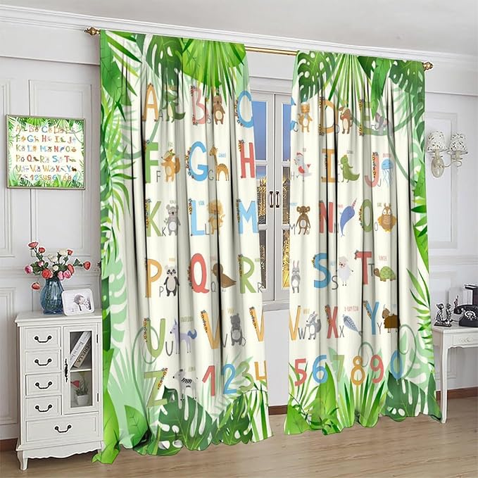 Kids Animal Alphabet Curtain Tropical Plant Alphabet Educational Printed Rod Pocket Blackout Window Drapes for Bedroom Living Room Nursery School 63" W X 72" L