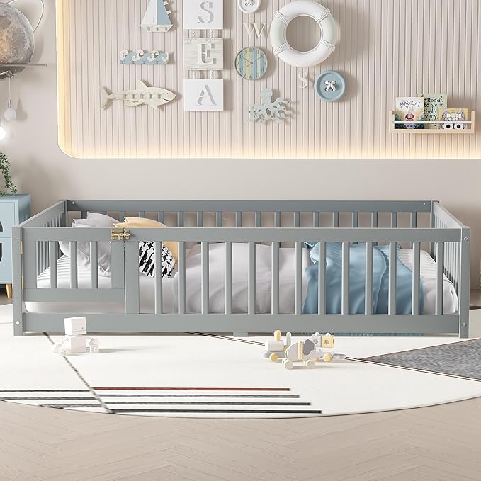 Harper & Bright Designs Full Floor Bed with Safety High Fence, Wood Montessori Bed with Door, Full Size Floor Beds with Solid Wood Support Slats for Boys, Girls, Kids, Gray